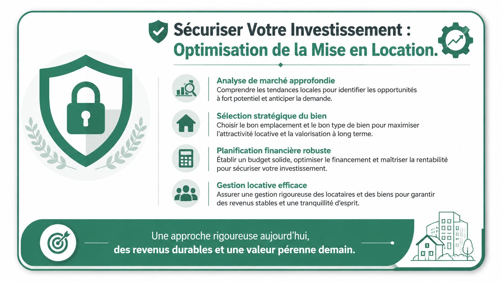 Infographie illustrant les quatre étapes clés pour sécuriser et optimiser un investissement locatif immobilier.
