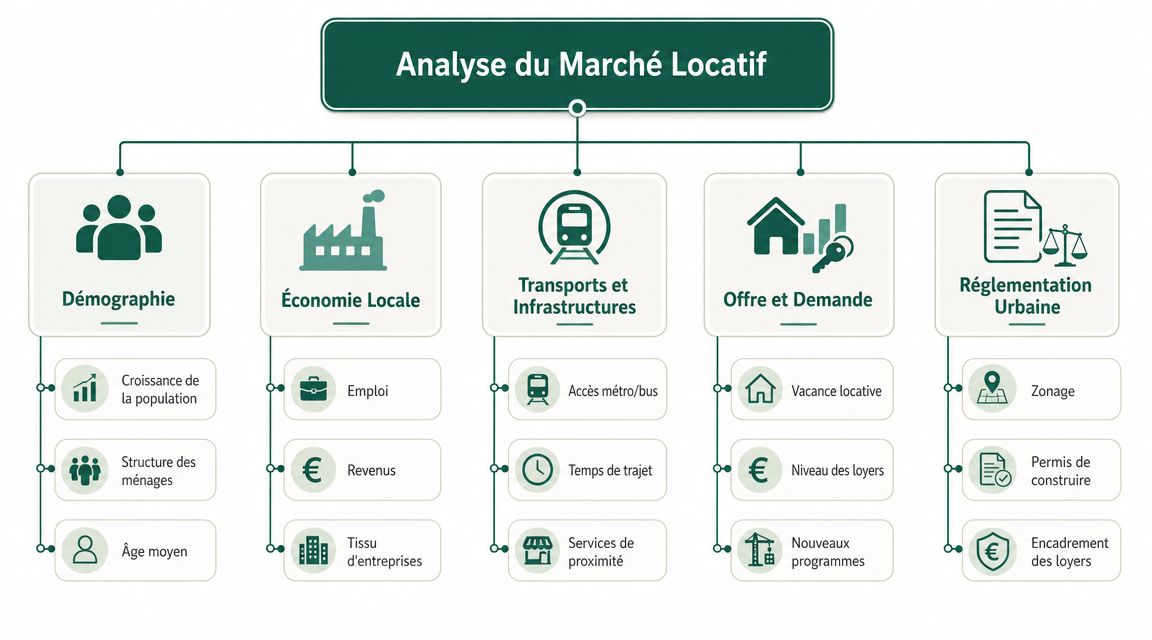 Schéma organisationnel illustrant les cinq piliers fondamentaux pour réussir une analyse du marché locatif immobilier.