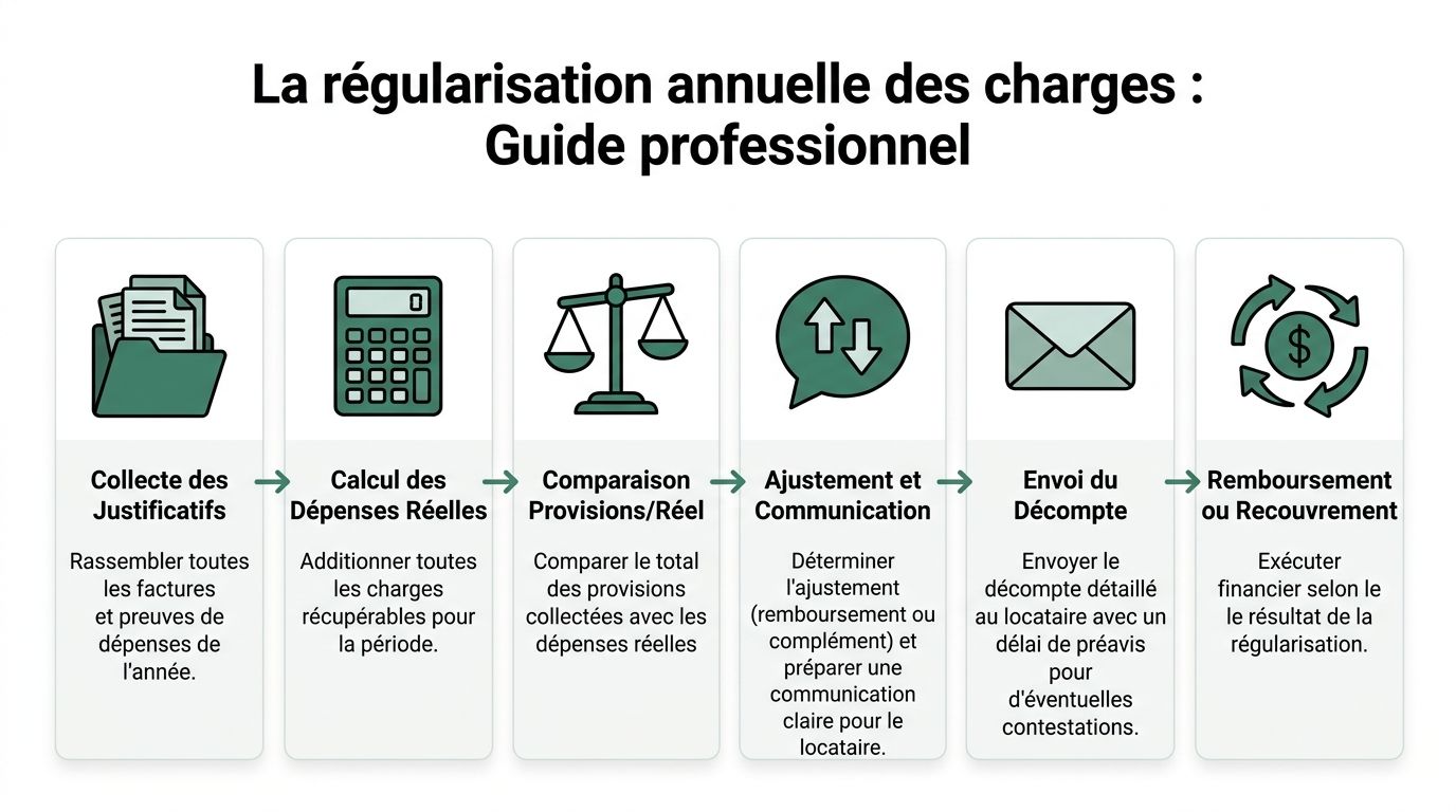 Infographie illustrant les étapes clés de la procédure de régularisation annuelle des charges locatives pour les professionnels.