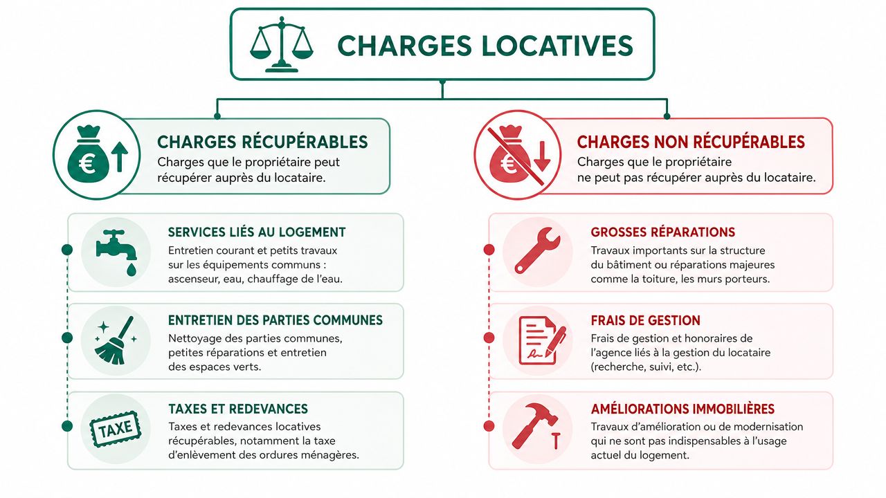Infographie illustrant la distinction entre les charges locatives récupérables et non récupérables pour un bailleur et locataire.