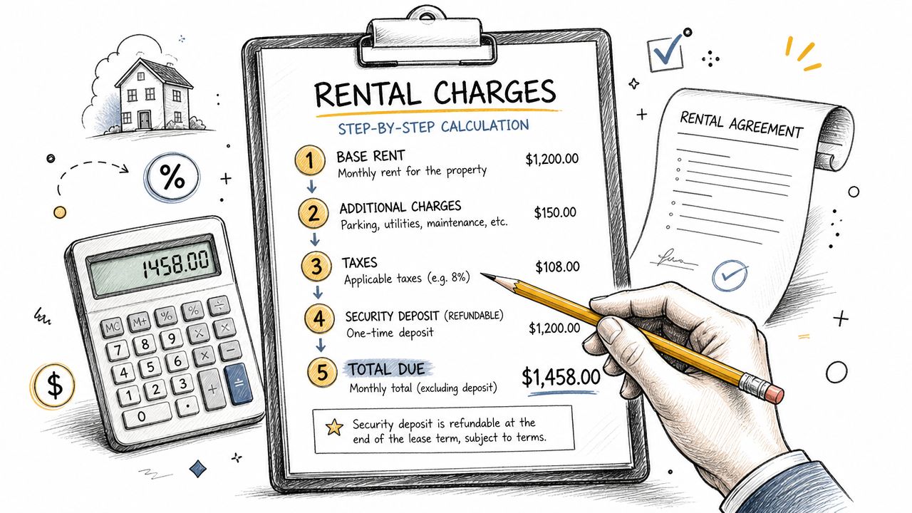 Illustration montrant une calculatrice et une liste de contrôle détaillée pour calculer le coût total du loyer.