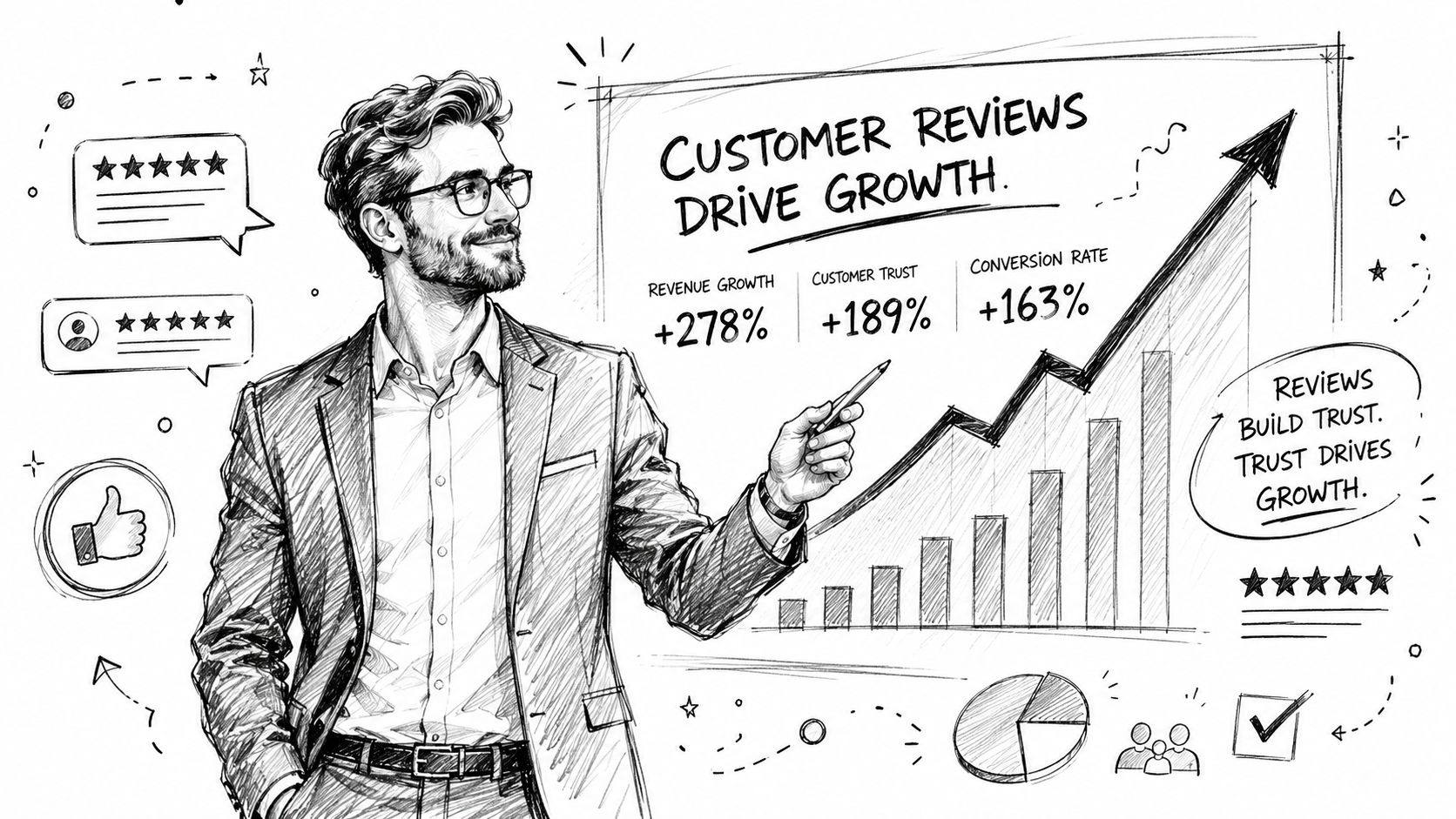 Homme d'affaires en costume présentant un graphique illustrant comment les avis clients positifs stimulent la croissance commerciale.