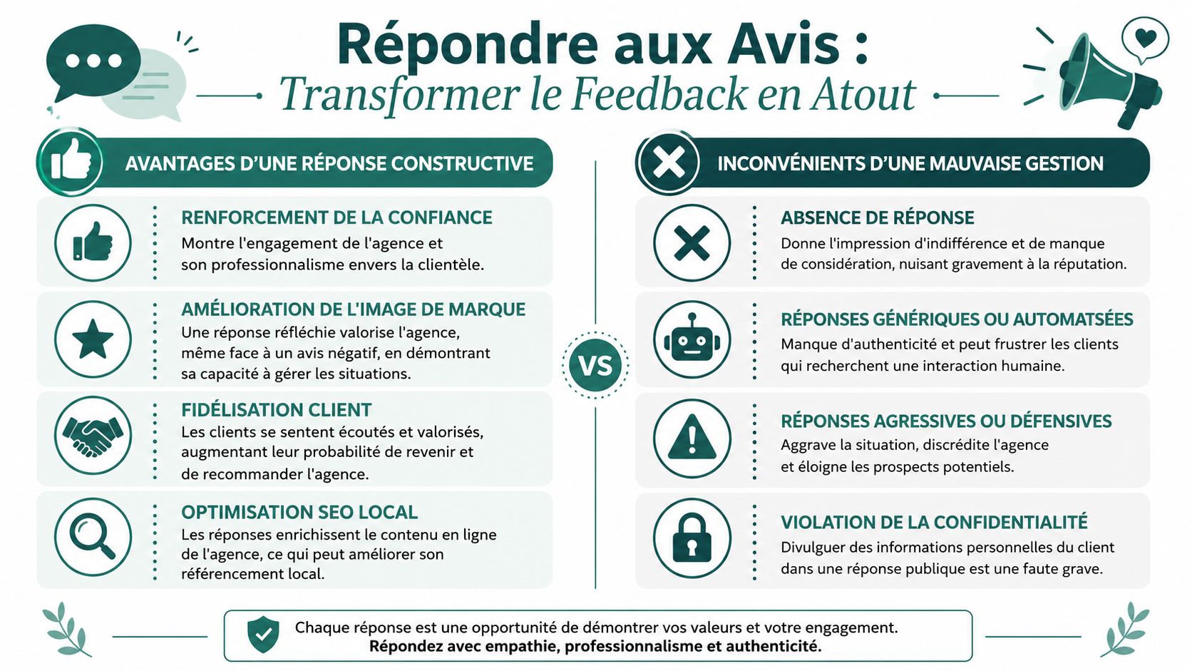 Infographie illustrant l'importance de répondre aux avis clients pour transformer les retours en atouts stratégiques.