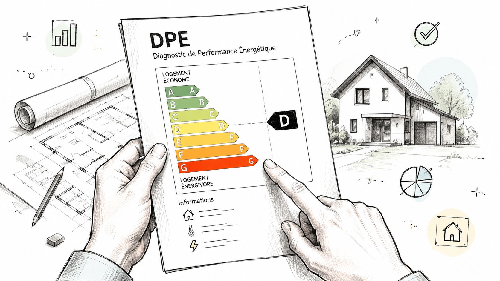 Une personne tenant un rapport DPE montrant un diagnostic de performance énergétique de classe D pour une maison.