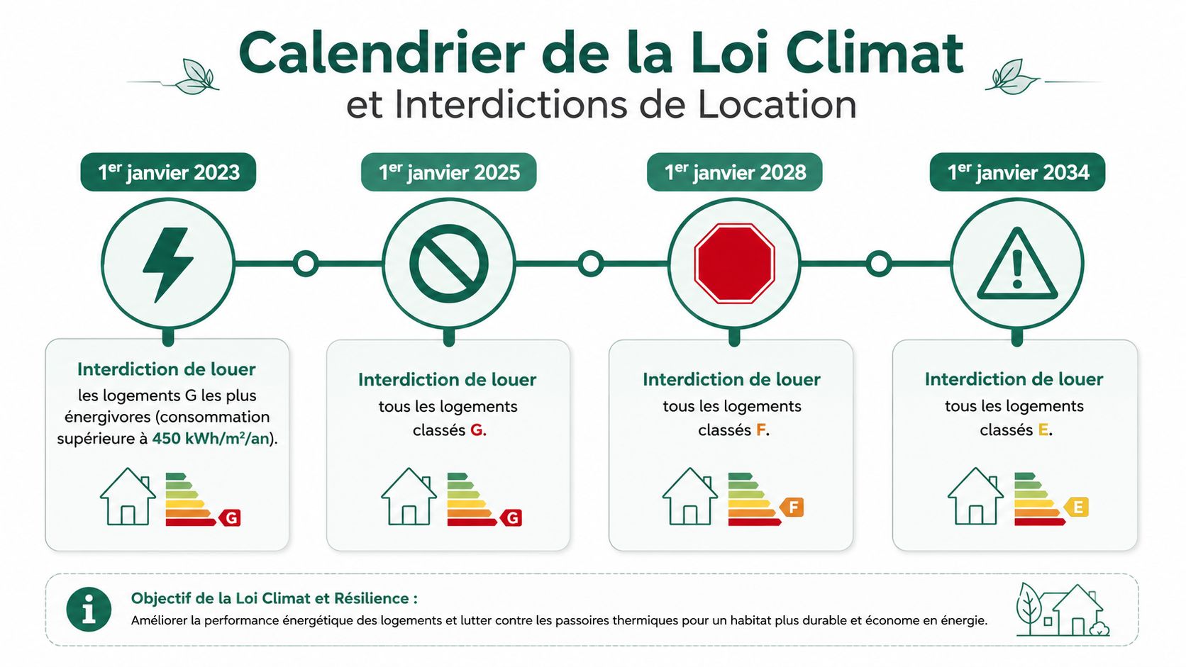 Infographie présentant le calendrier d'interdiction de louer des logements selon leur classement énergétique DPE en France.
