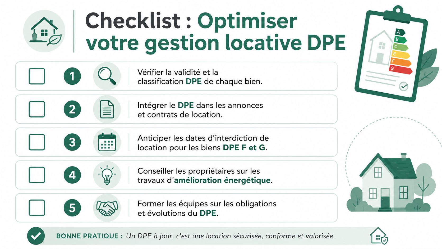 Une infographie présentant une liste de contrôle pour optimiser la gestion locative des diagnostics de performance énergétique.