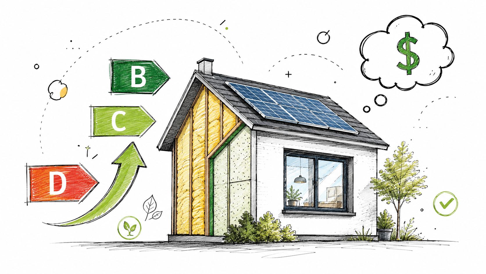 Illustration montrant une maison rénovée pour améliorer son diagnostic de performance énergétique et réaliser des économies financières.
