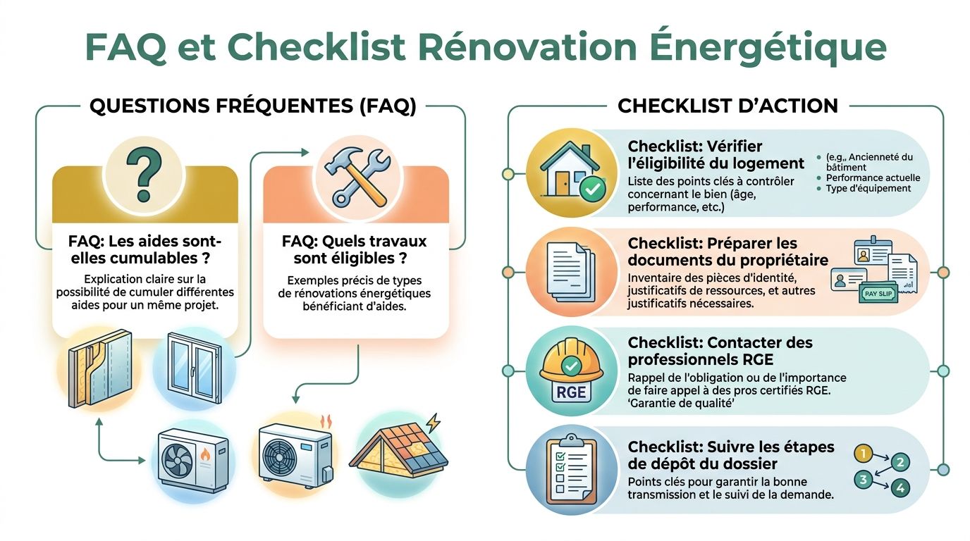 Infographie illustrant la FAQ et la checklist pour réussir vos travaux de rénovation énergétique en France.