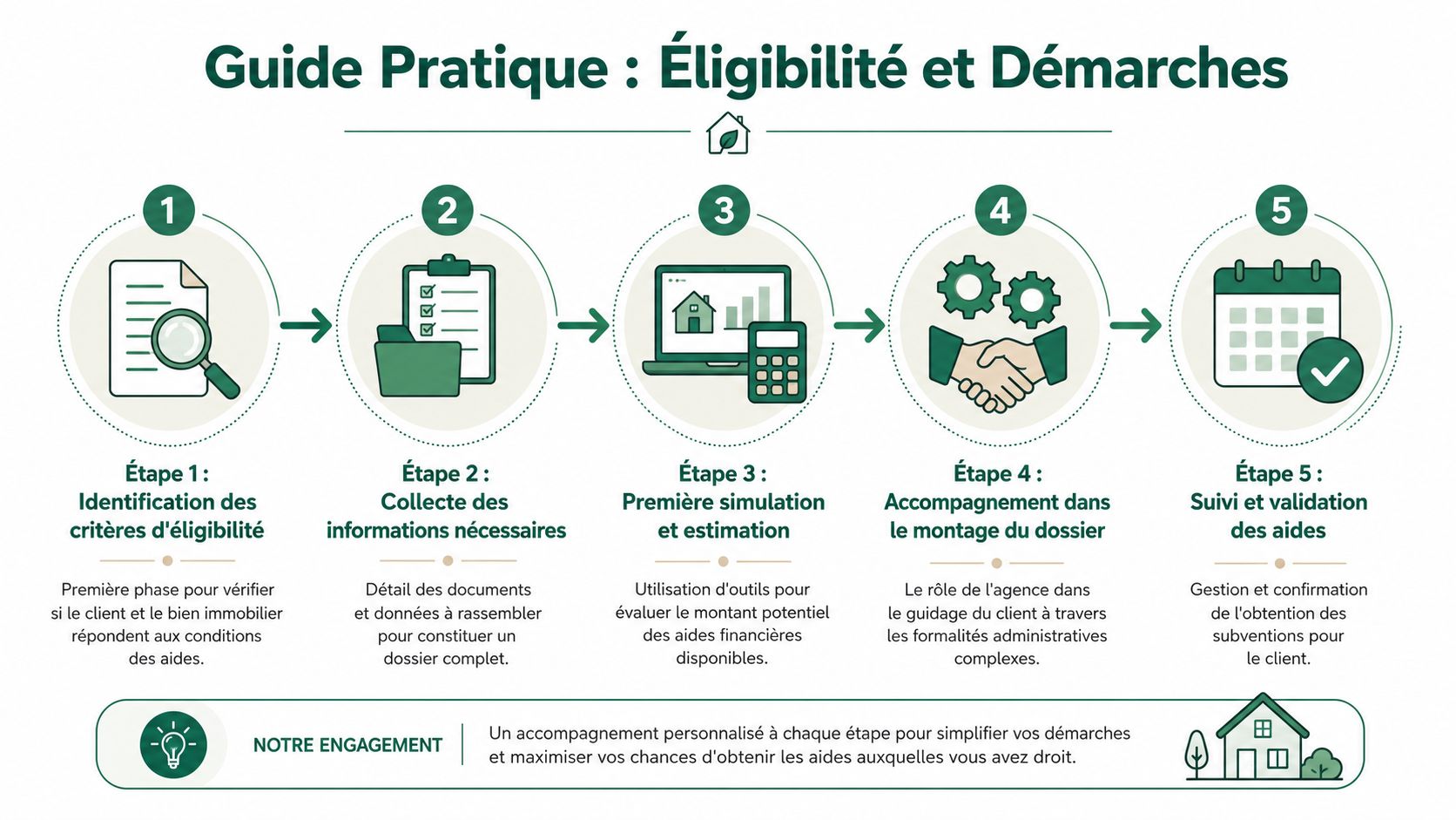 Infographie en cinq étapes illustrant le processus de demande d'aides pour la rénovation énergétique d'un logement.