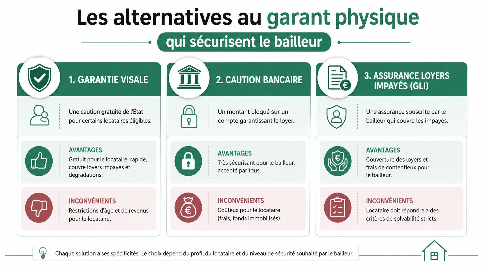 Infographie présentant trois alternatives au garant physique pour sécuriser un bailleur : Garantie Visale, caution bancaire et GLI.
