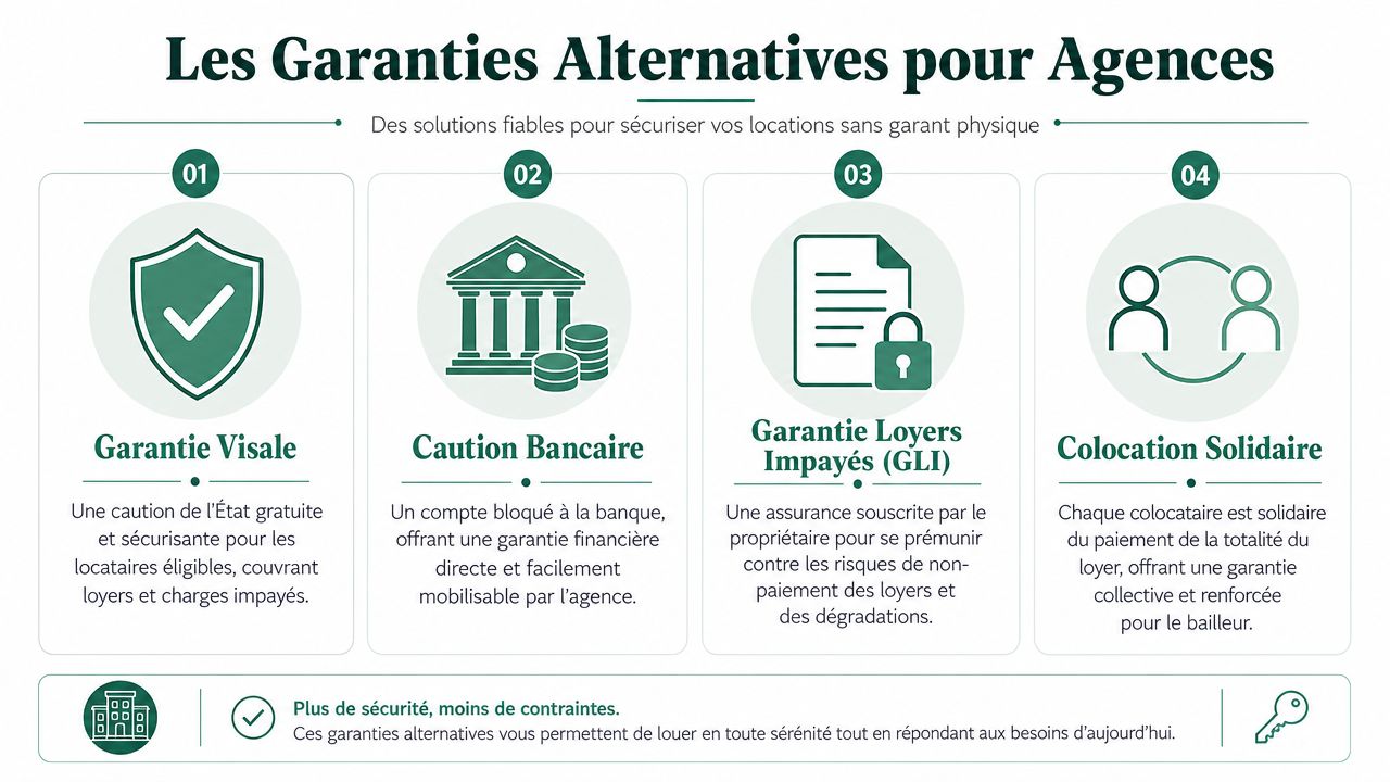 Infographie présentant quatre garanties alternatives pour sécuriser la location immobilière sans avoir recours à un garant physique.