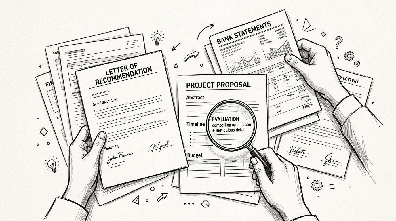 Une illustration montrant des mains examinant des documents administratifs et financiers importants pour une demande de logement.