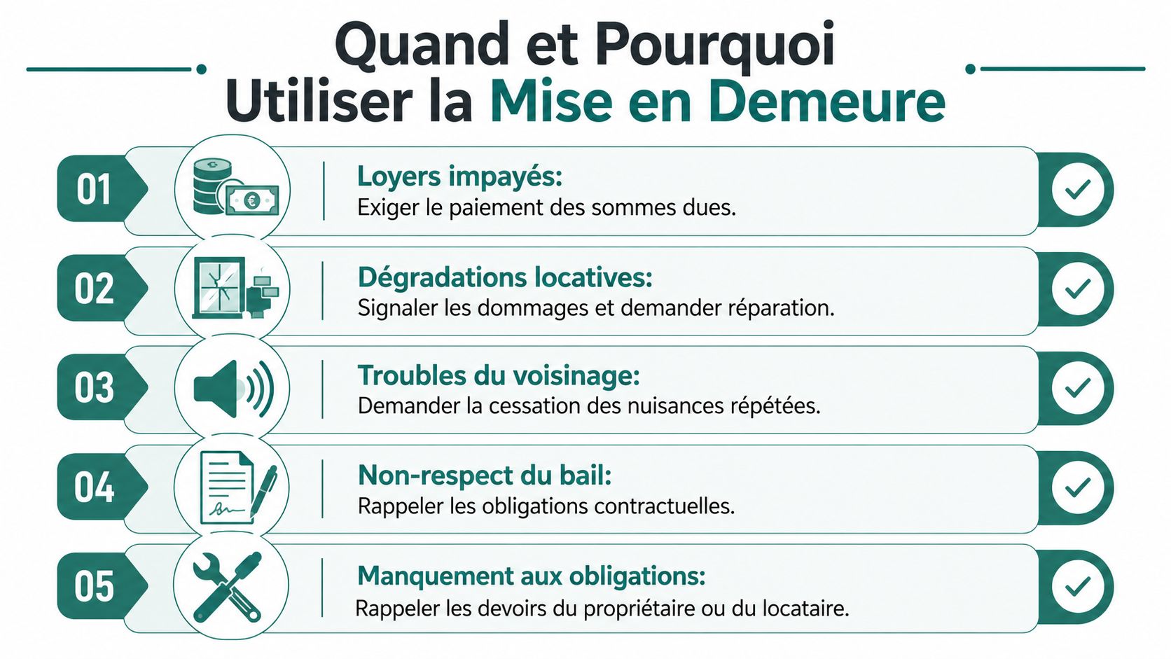 Infographie présentant cinq situations où il est nécessaire d'utiliser une mise en demeure pour un locataire.