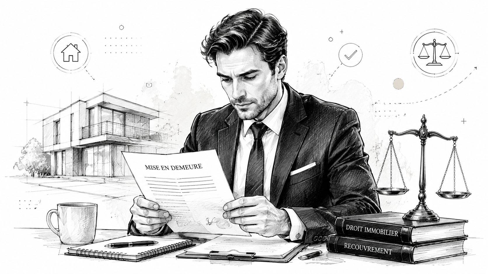 Un avocat en costume examinant une lettre de mise en demeure devant des livres de droit immobilier.