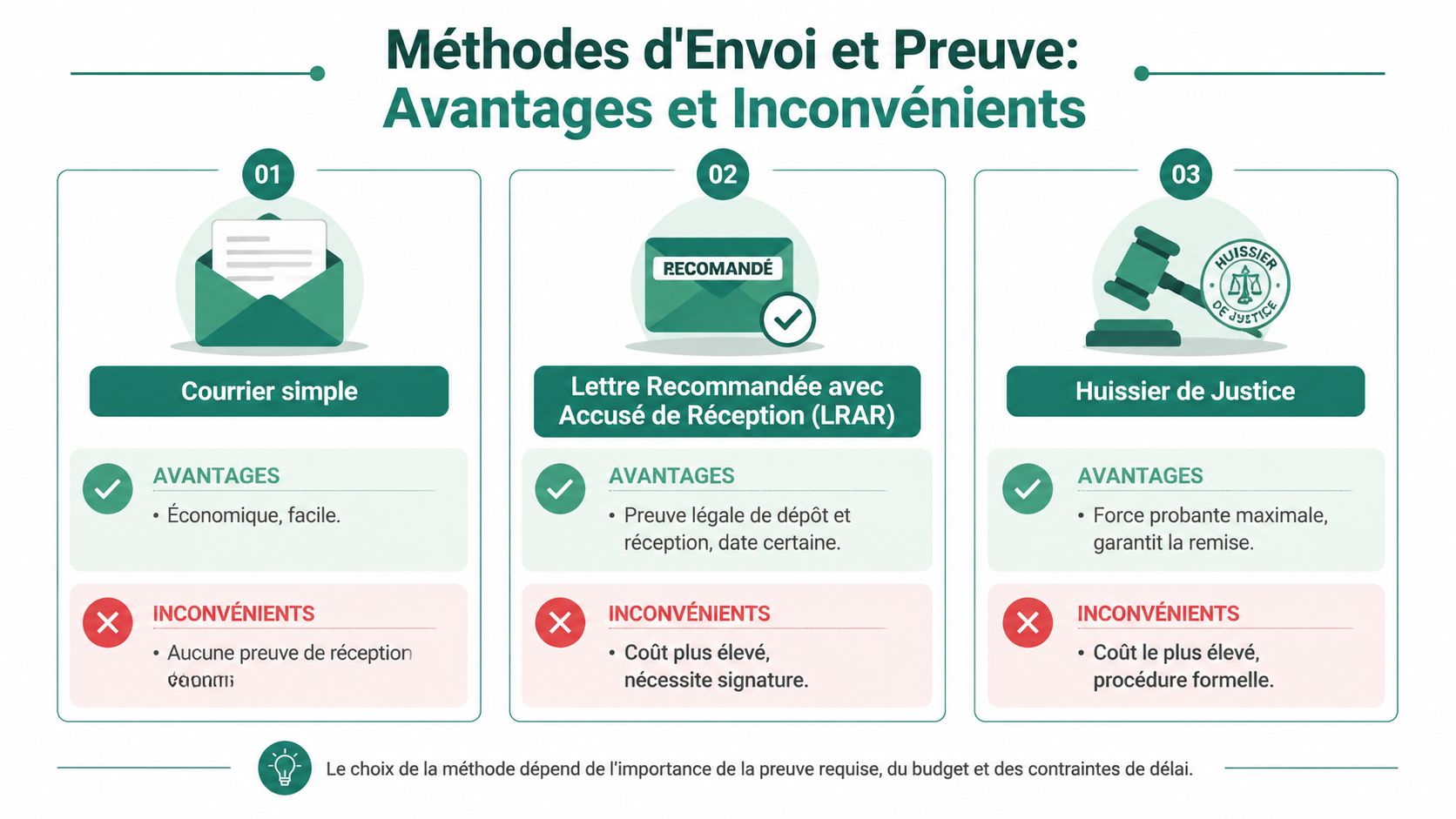 Tableau comparatif des méthodes d'envoi de documents, leurs avantages et inconvénients, du courrier simple à l'huissier.