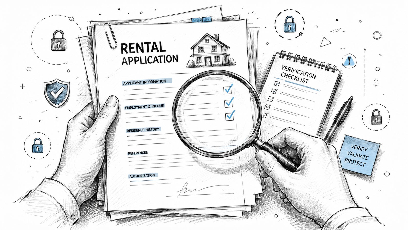Une personne examine un dossier de candidature pour une location immobilière avec une loupe, concept de vérification.