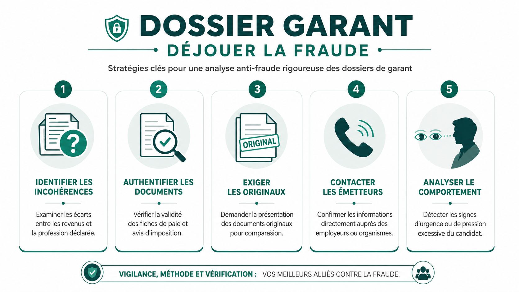 Infographie présentant cinq étapes clés pour détecter la fraude dans un dossier de garant locatif.