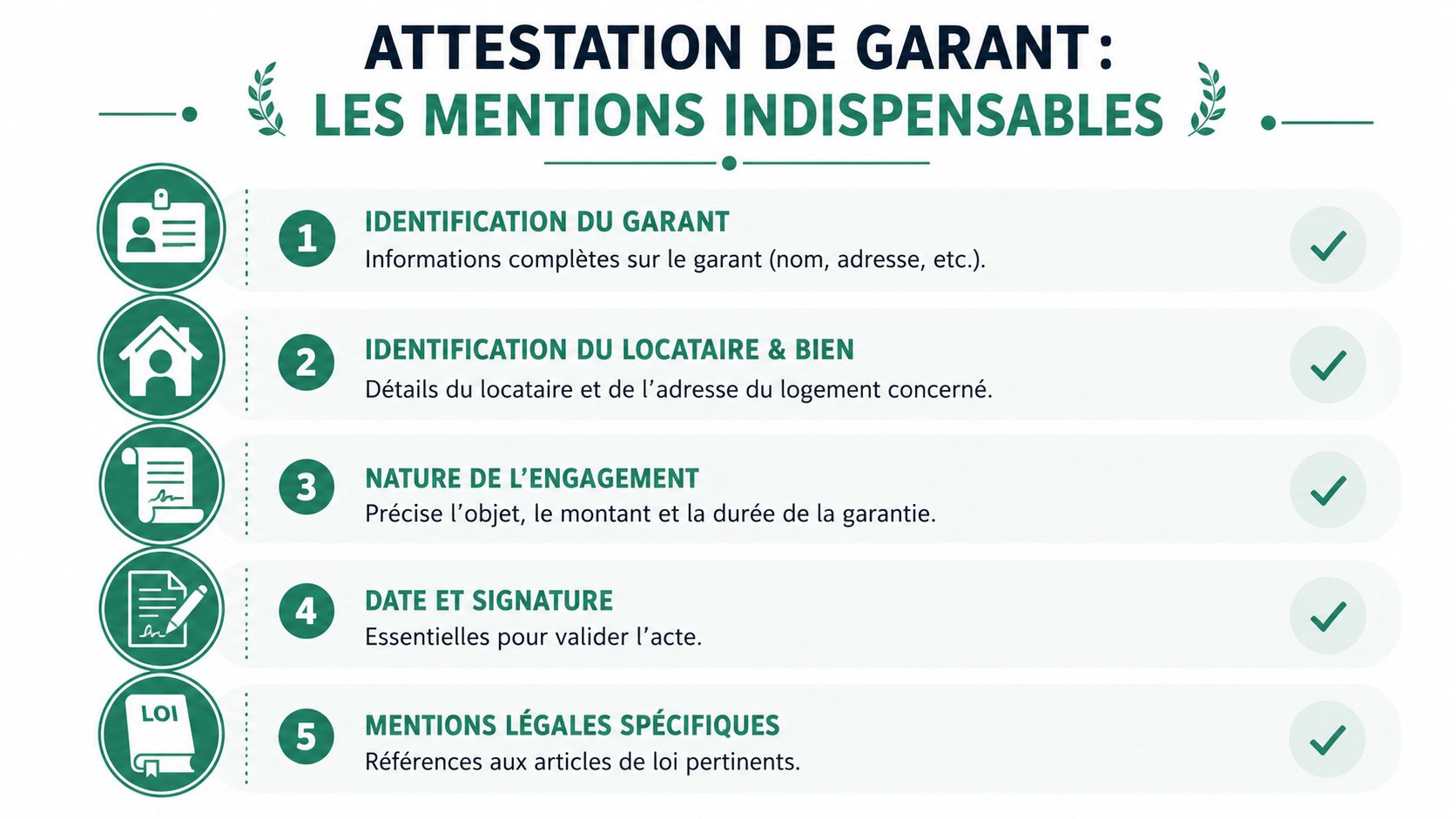Infographie présentant les cinq mentions indispensables pour rédiger une attestation de garant pour une location immobilière.