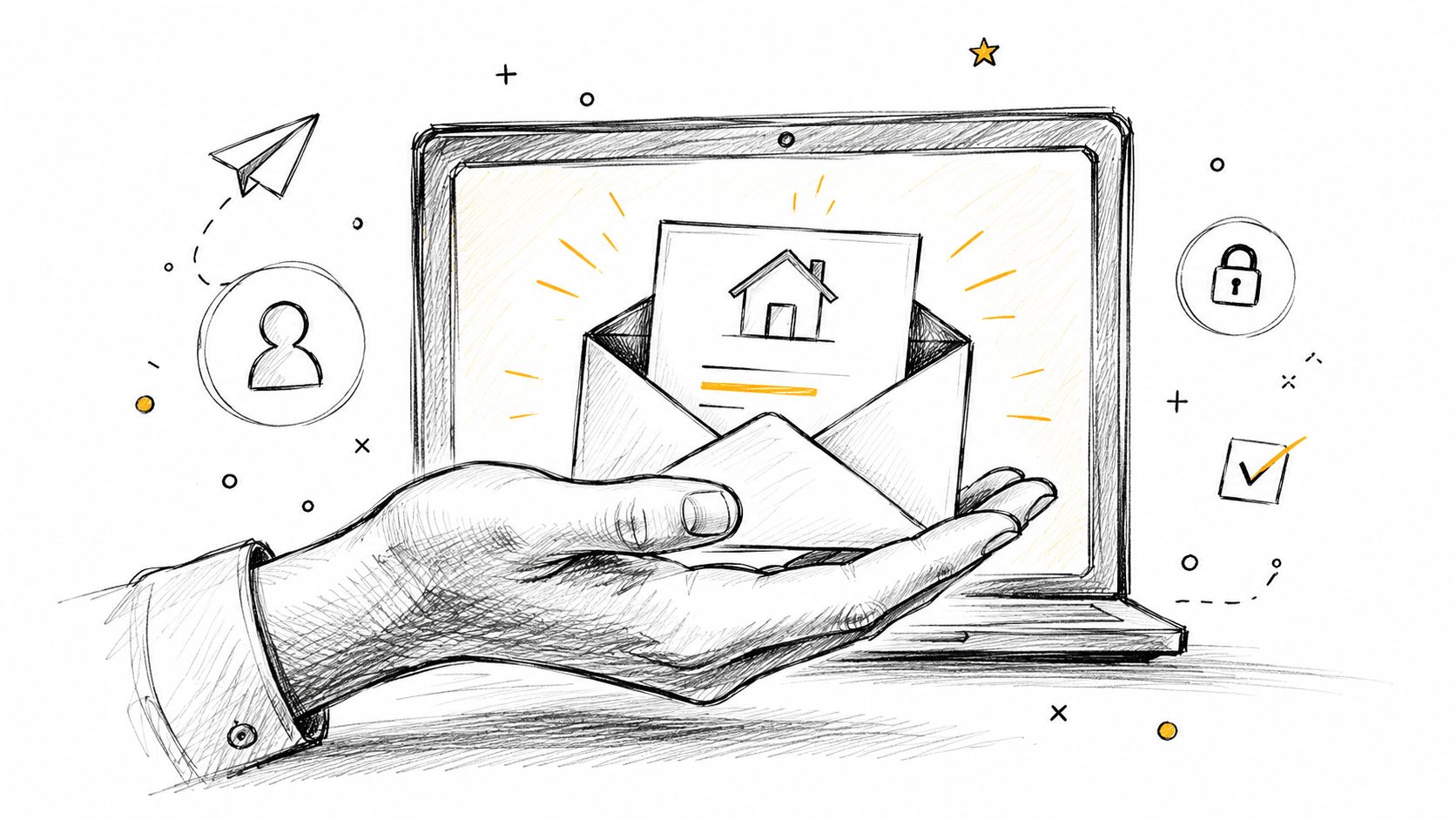 Une main tenant une enveloppe ouverte avec un dessin de maison devant un écran d'ordinateur portable ouvert.