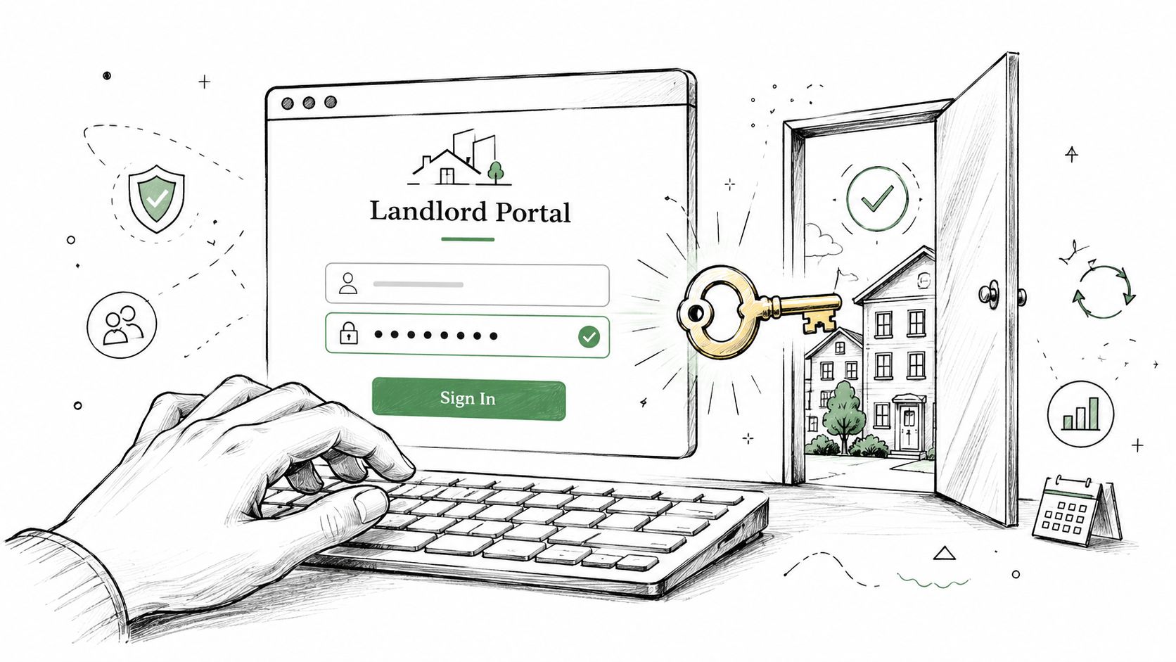 Une main tapant sur un clavier pour accéder au portail numérique sécurisé destiné aux propriétaires immobiliers.