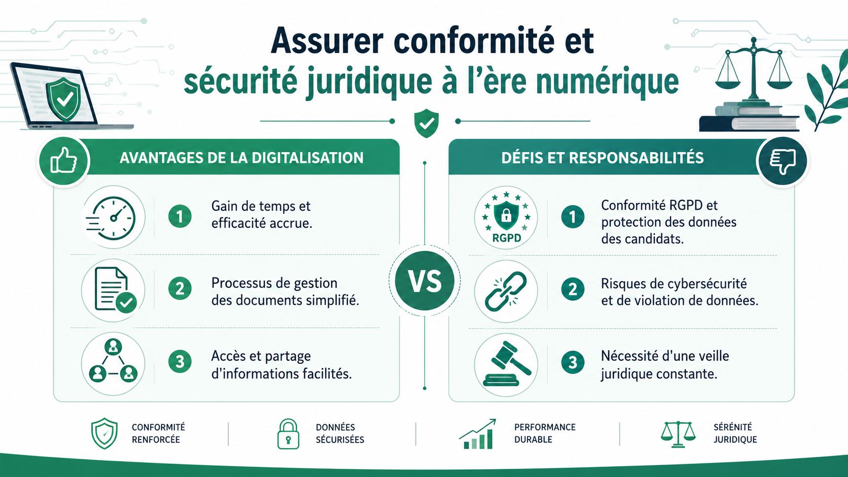 Infographie illustrant les avantages et les défis juridiques de la digitalisation dans la gestion professionnelle.