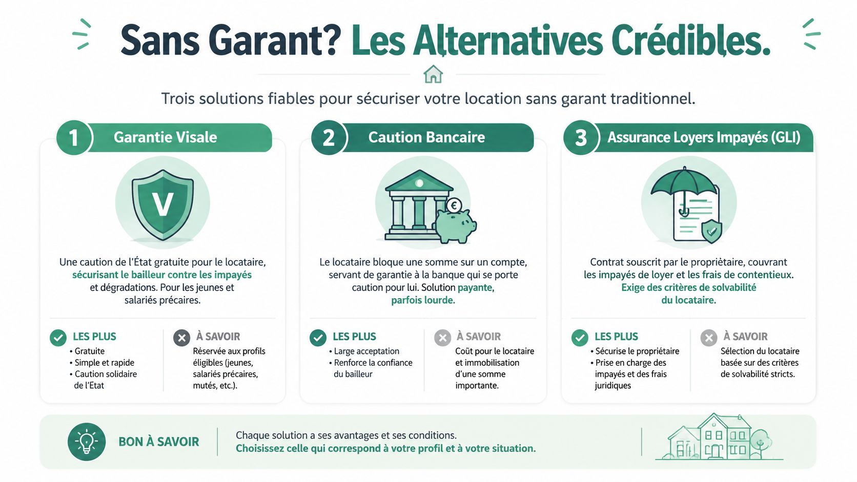 Infographie présentant trois solutions alternatives pour garantir une location immobilière sans avoir de garant traditionnel.