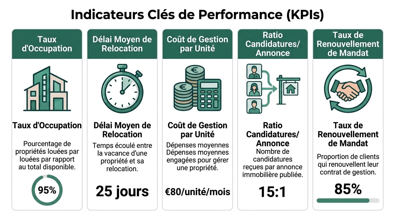 Graphique illustrant cinq indicateurs clés de performance pour la gestion locative immobilière avec leurs définitions et chiffres.