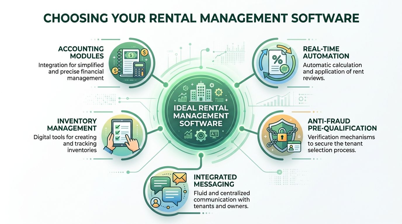 Infographie présentant les fonctionnalités clés d'un logiciel de gestion locative idéal pour les propriétaires et gestionnaires.