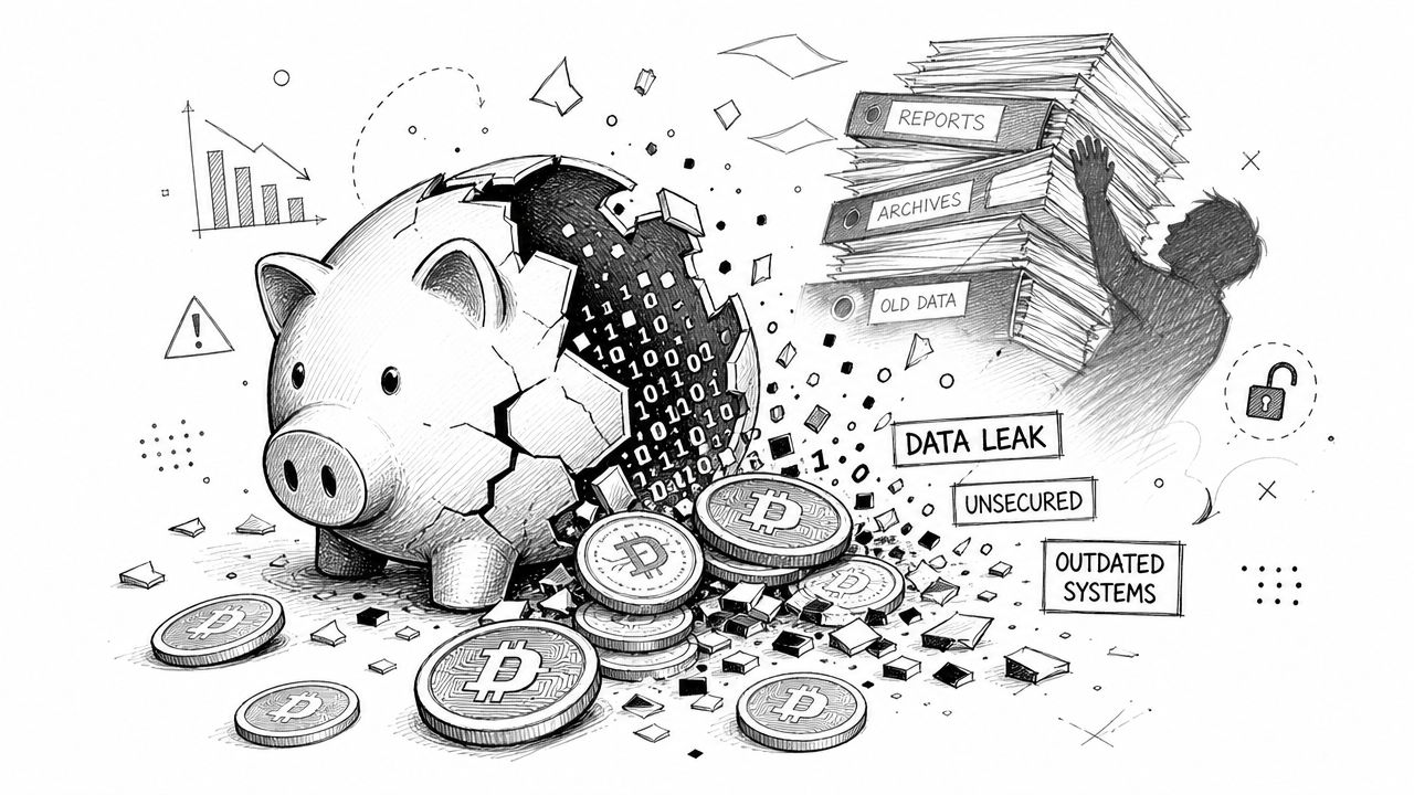 Une tirelire cassée perd des données numériques et des pièces de crypto-monnaie près d'archives papier non sécurisées.