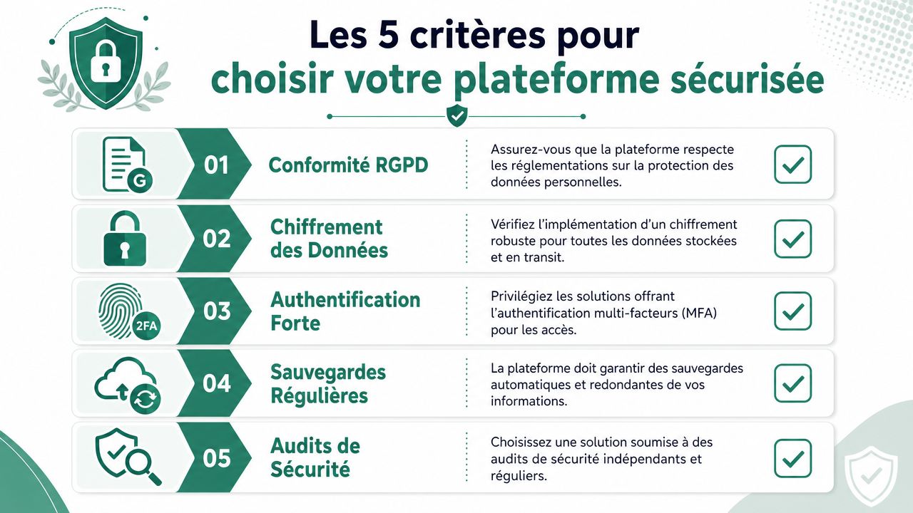 Infographie présentant les cinq critères essentiels pour choisir une plateforme sécurisée pour vos données numériques.