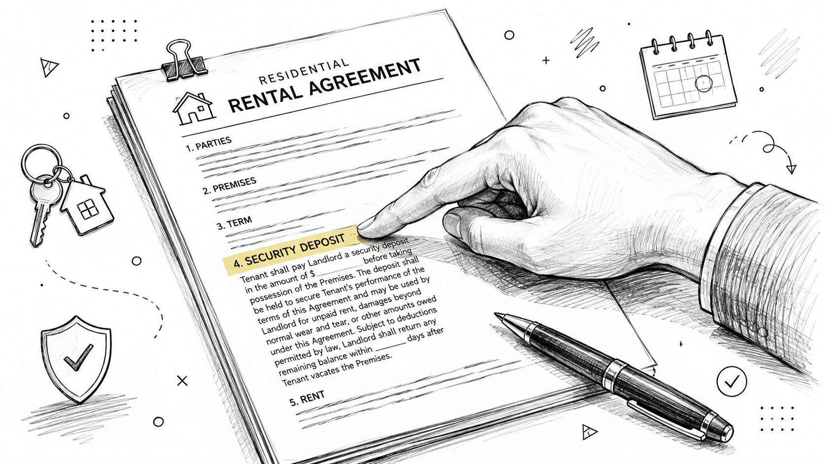 Une main pointant la section dépôt de garantie d'un contrat de location résidentielle sur papier.