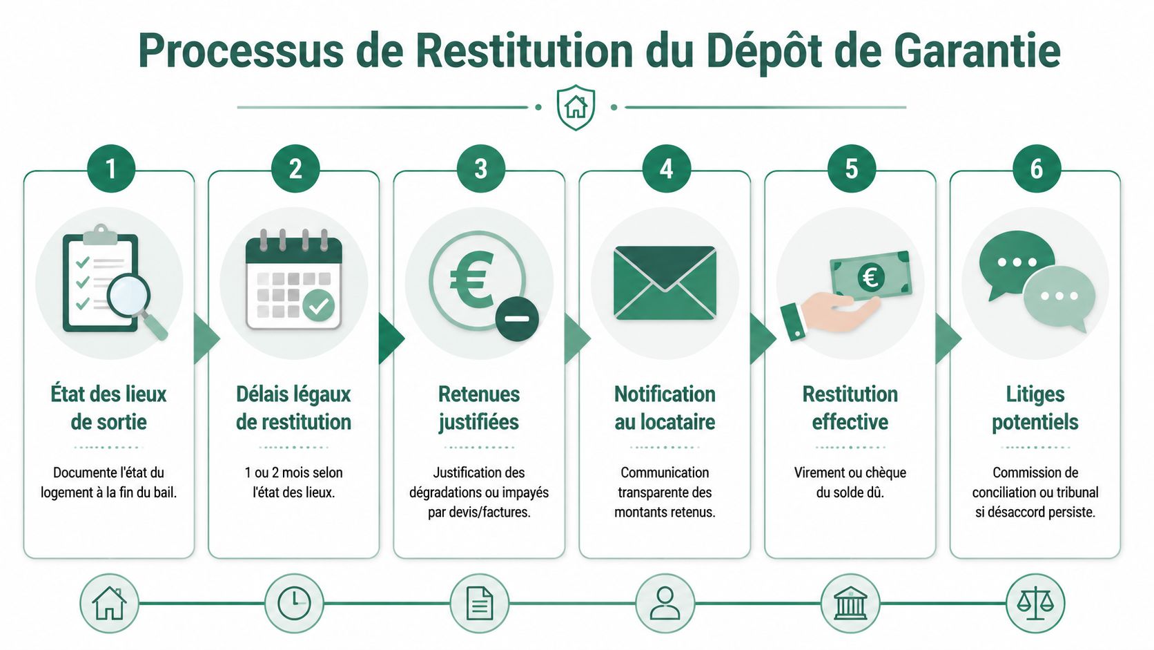 Infographie illustrant les six étapes clés du processus de restitution du dépôt de garantie pour une location immobilière.
