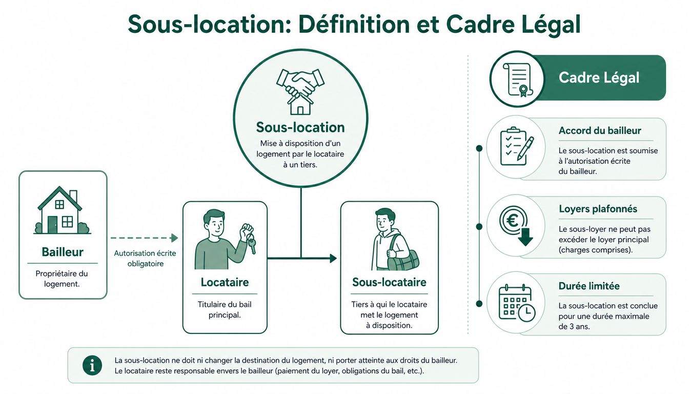 Infographie explicative détaillant la définition, le cadre légal et les conditions obligatoires de la sous-location immobilière.