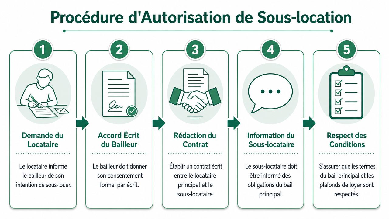 Infographie détaillant les cinq étapes clés de la procédure d'autorisation pour une sous-location immobilière légale.