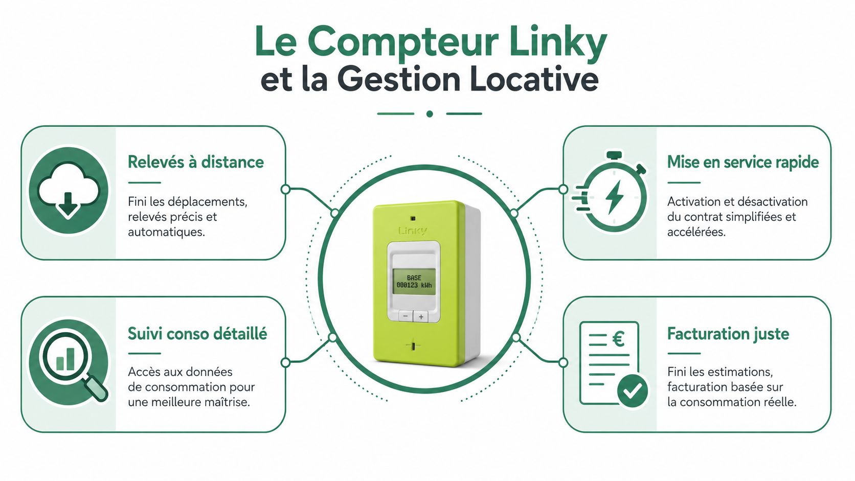 Illustration des avantages du compteur intelligent Linky pour la gestion locative des logements, incluant relevés et facturation.