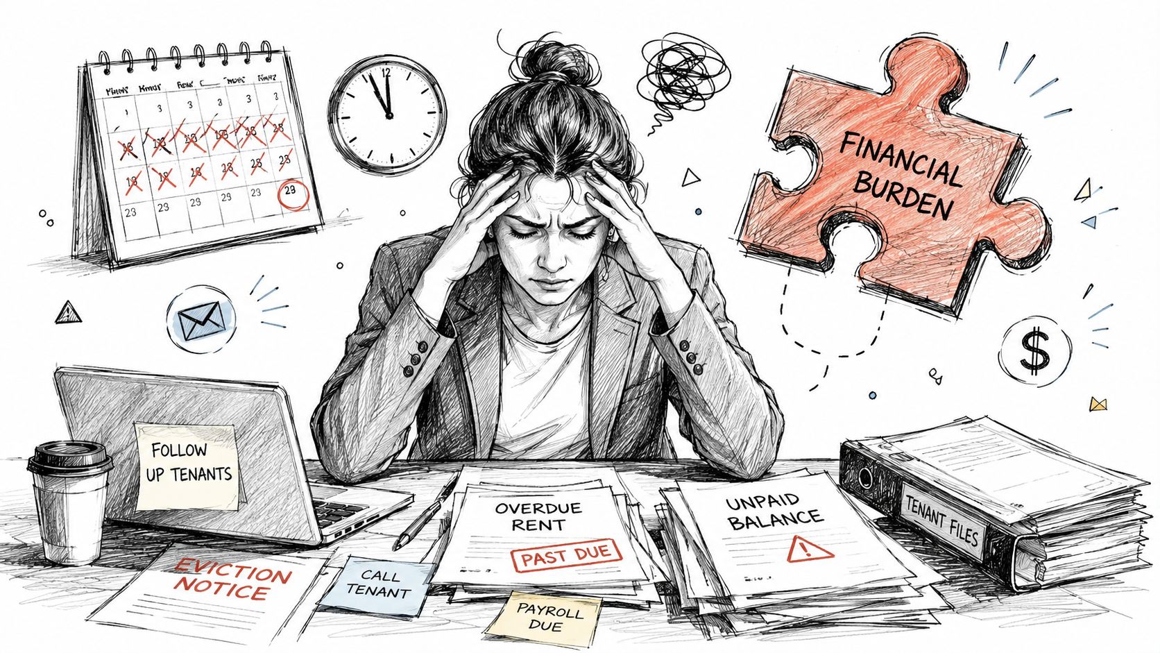 Une femme d'affaires stressée devant des documents de loyers impayés et des avis d'expulsion au bureau.