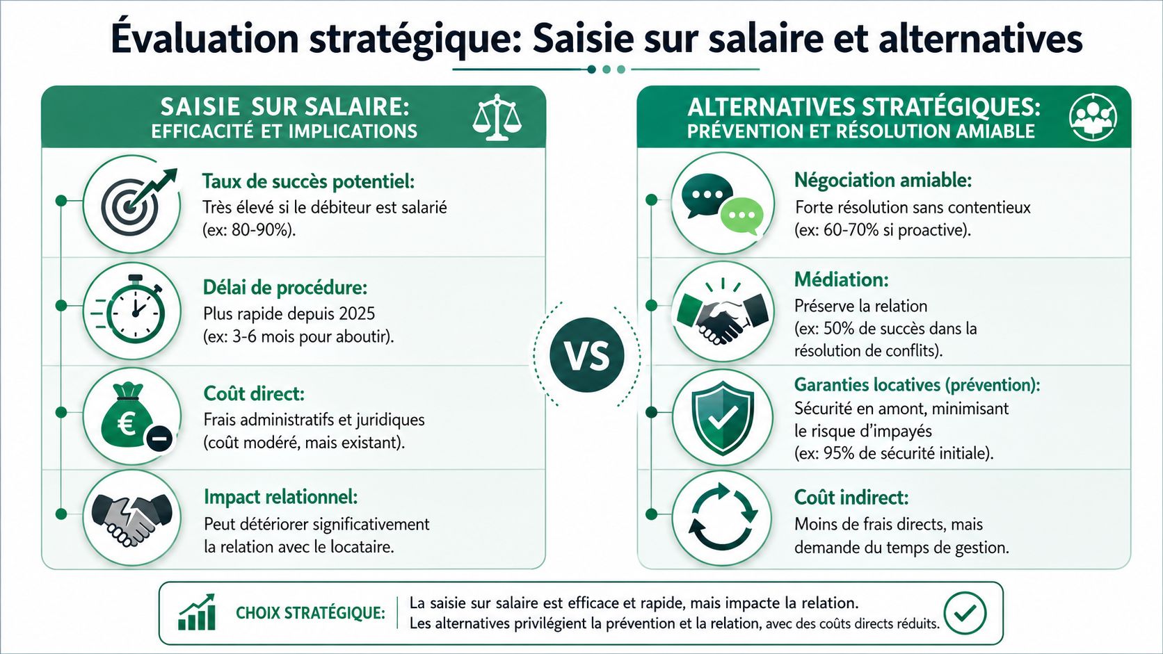 Comparaison entre la saisie sur salaire pour loyer impayé et les solutions de résolution amiable.