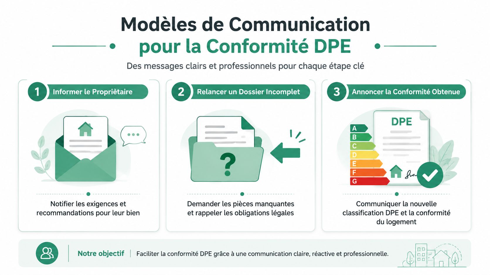 Infographie illustrant trois étapes clés de la communication pour assurer la conformité DPE des logements immobiliers.