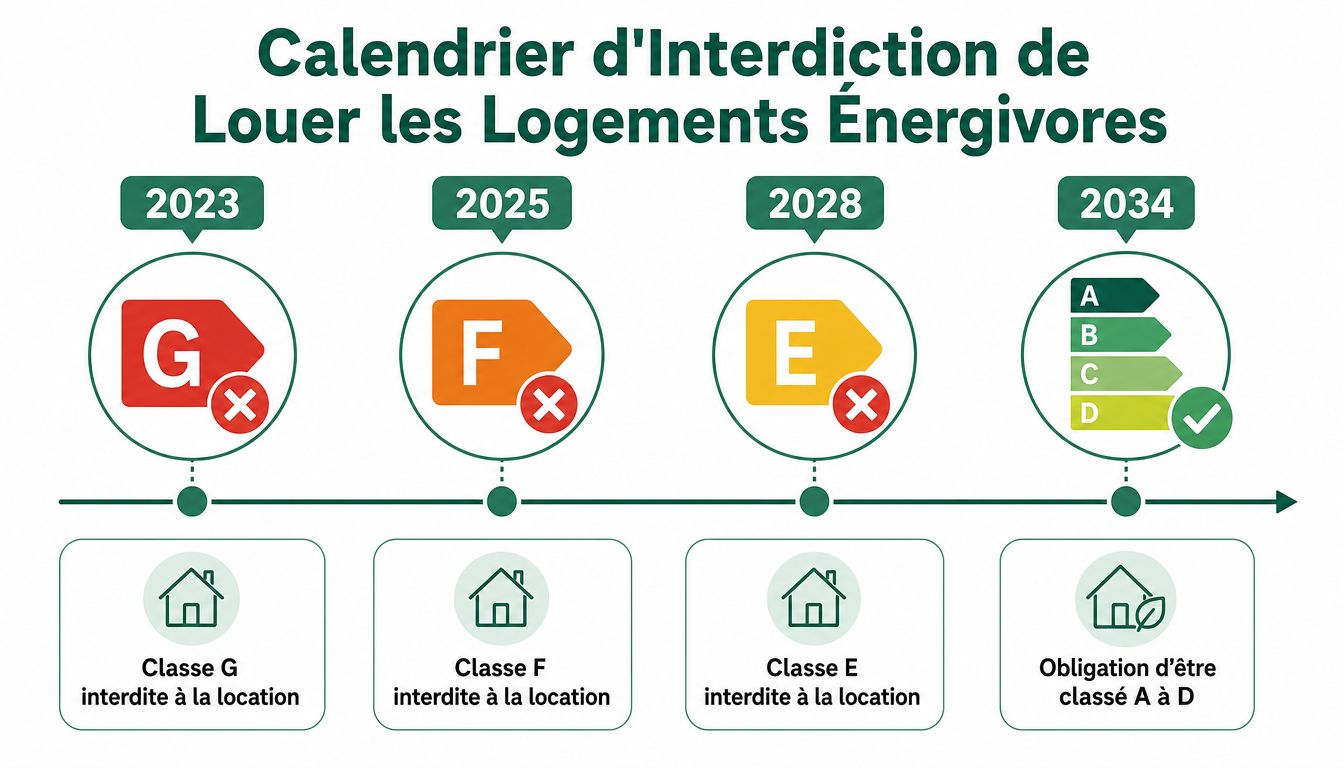 Calendrier illustrant les dates d'interdiction de location pour les logements énergivores classés de G à E.