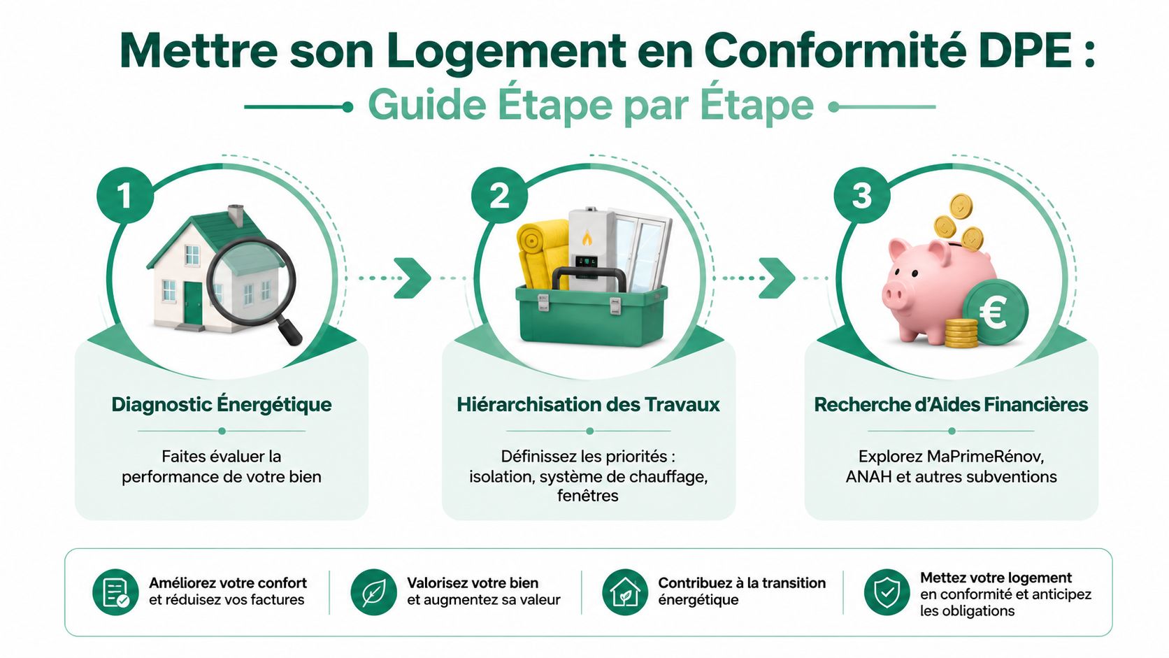 Guide étape par étape pour mettre son logement en conformité DPE : diagnostic, travaux et aides financières.