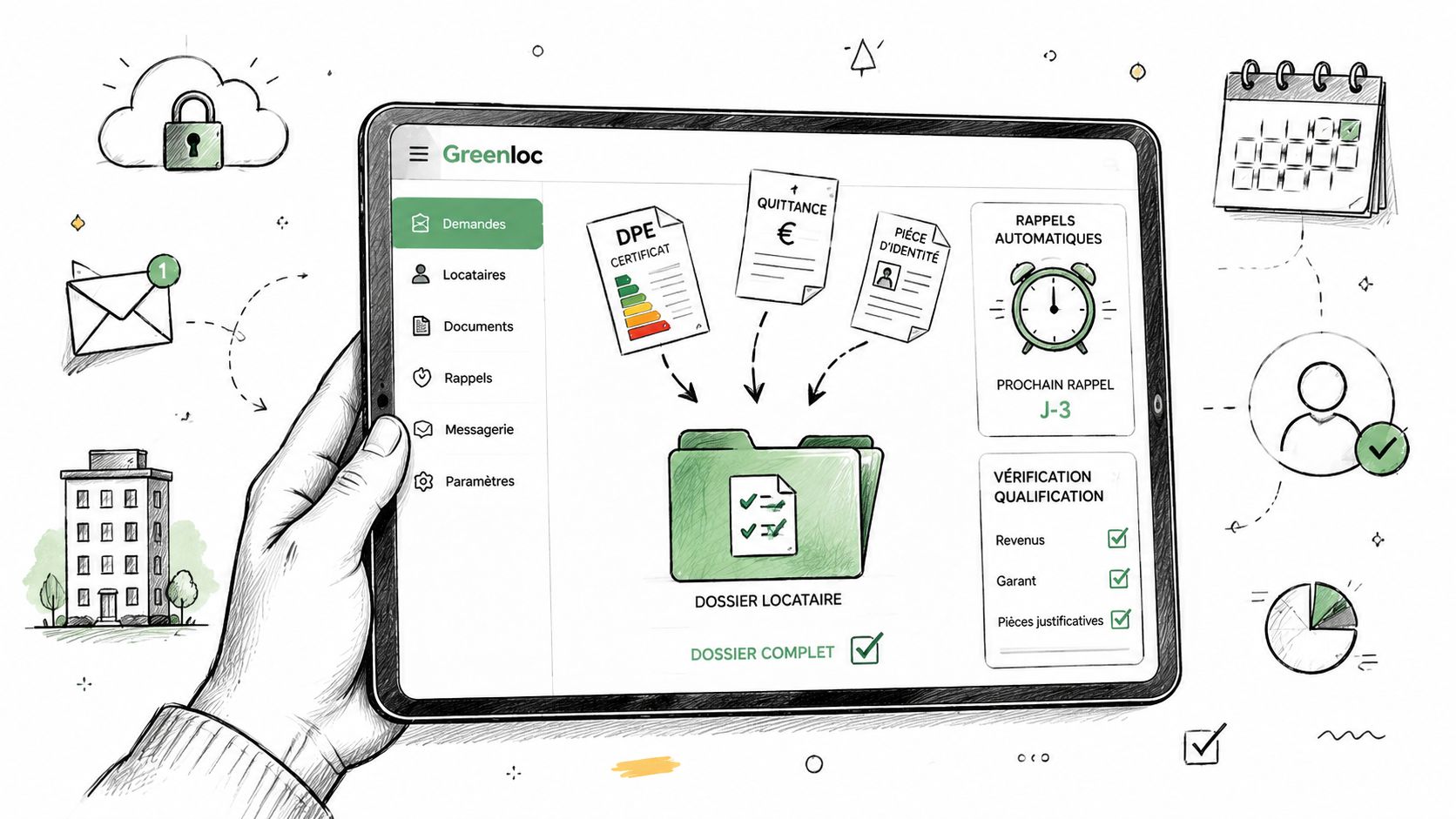 Tablette tenue par une main affichant l'interface Greenloc pour la gestion digitale des dossiers de location immobilière.
