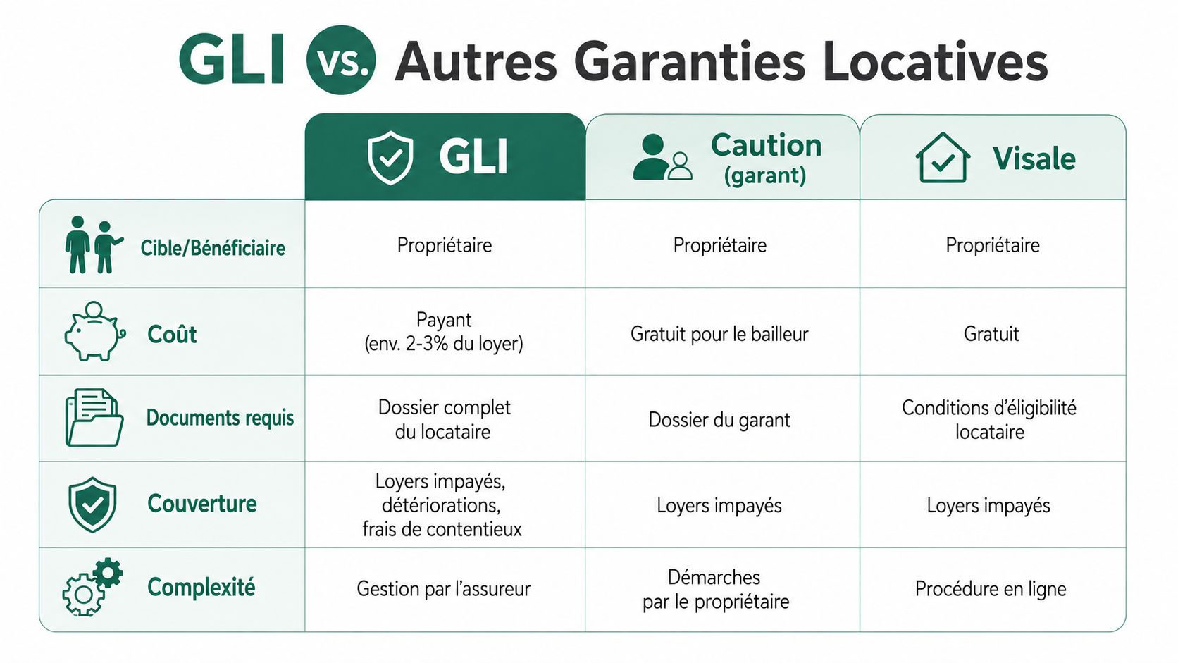 Tableau comparatif entre la GLI, la caution et Visale pour sécuriser les loyers d'un propriétaire bailleur.
