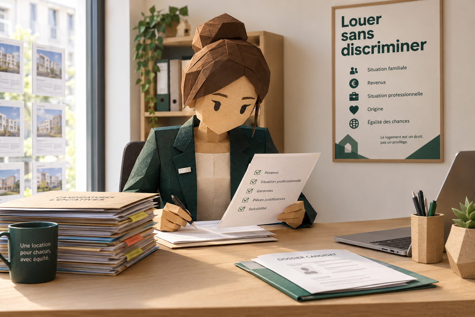 Dossier locatif sans discrimination Négociatrice d'agence immobilière examinant des dossiers de candidature locative selon des critères objectifs, avec l'affiche « Louer sans discriminer » au mur